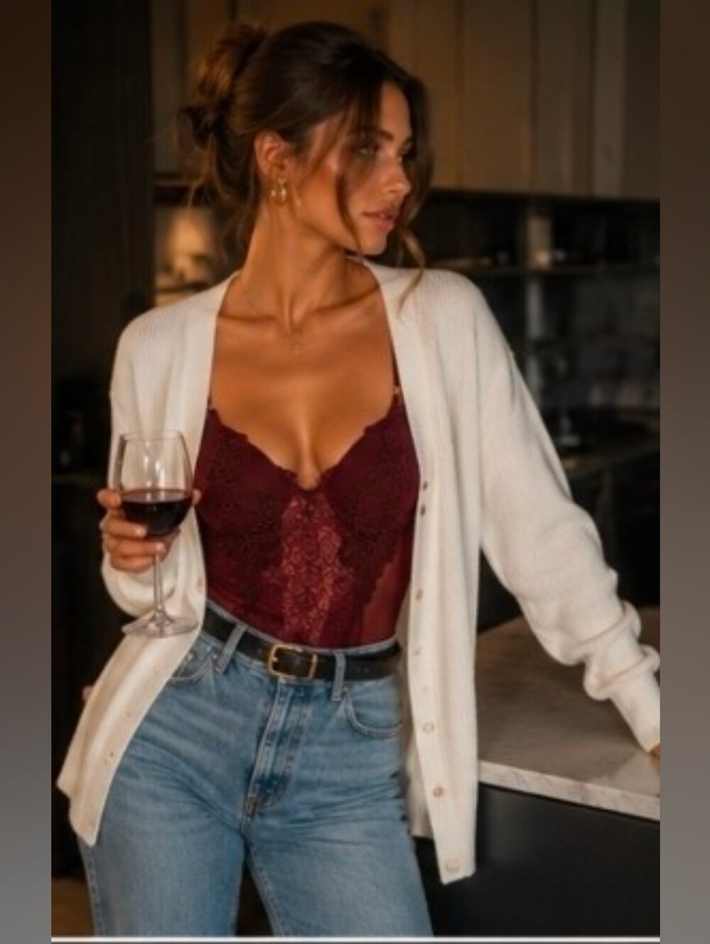 Burgundy Lace Mesh Bodysuit Teddy Lingerie One Piece Sheer Romantic Boudoir Baby